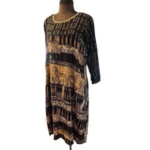 Vtg Boho Cheetah Artsy Eclectic Lagenlook Midi Dress Size S Egyptian Indie